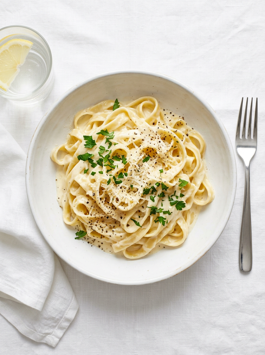 Fettuccine alfredo with parsley and cracked pepper