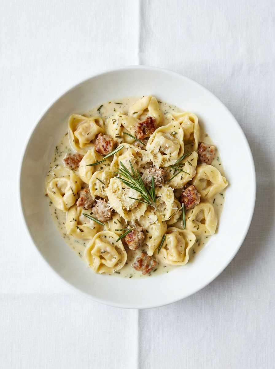 Tortellini in cream sauce with sausage and rosemary