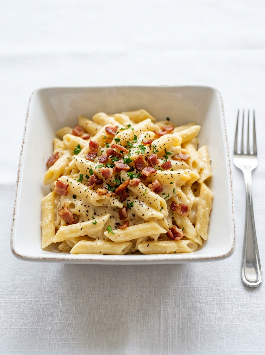 Penne in cream sauce with bacon and parsley