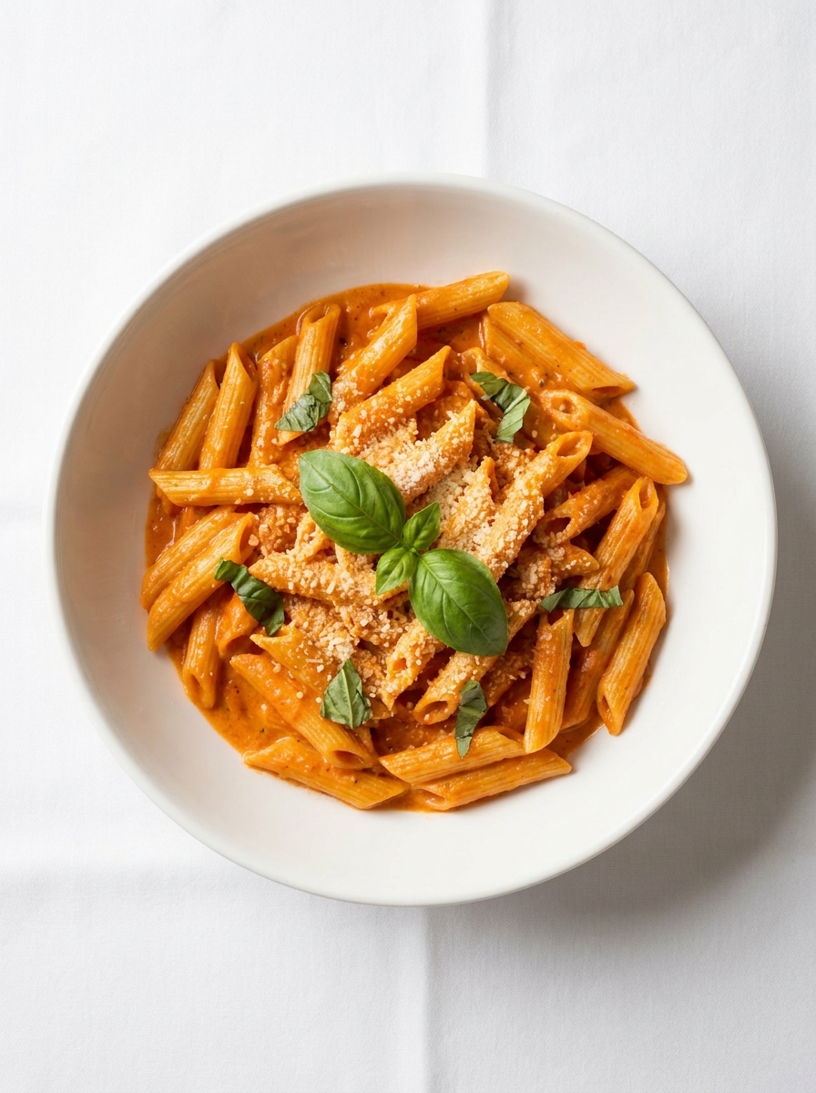 Penne in rosa sauce with basil and parmesan